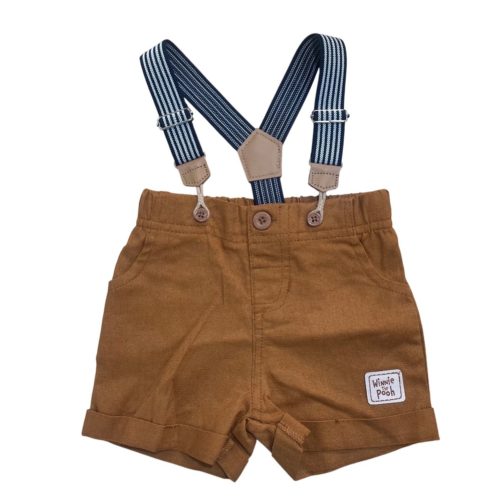 Disney Baby Winnie The Pooh Brown Linen Blend Shorts & Suspenders Size‎ 0-3M